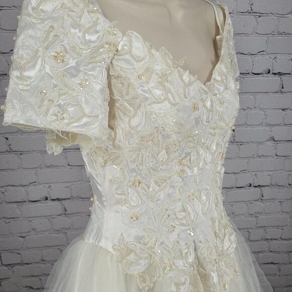 VTG Bonny Ivory Lace Beaded Embroidered Bodice Tulle Skirt Wedding Gown Dress 10 - Picture 14 of 16
